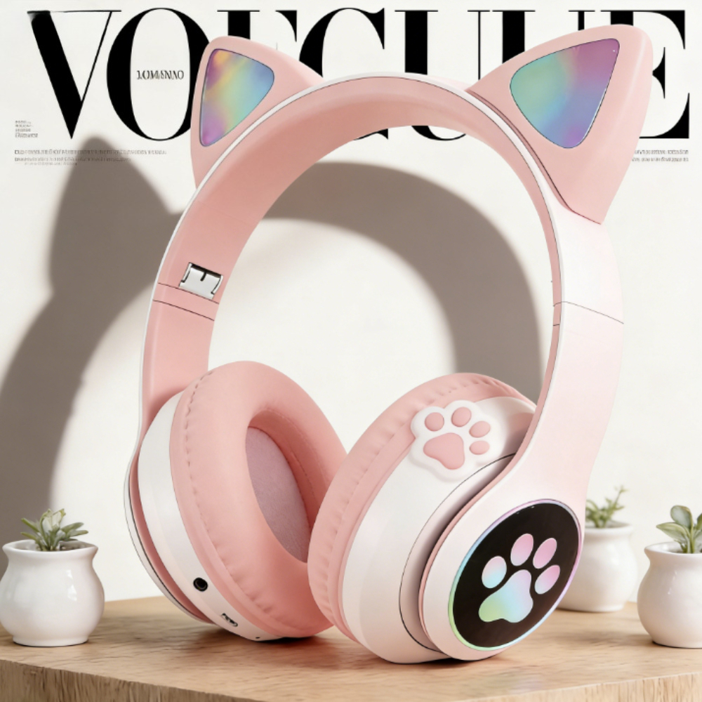 Cute Cat Wireless Headphones with RGB LED Glow and Microphone