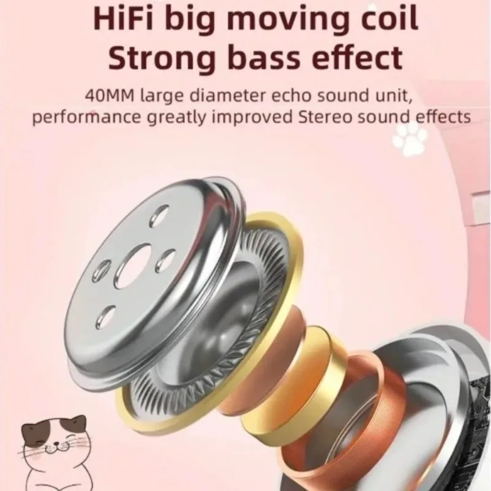 Cute Cat Wireless Headphones with RGB LED Glow and Microphone