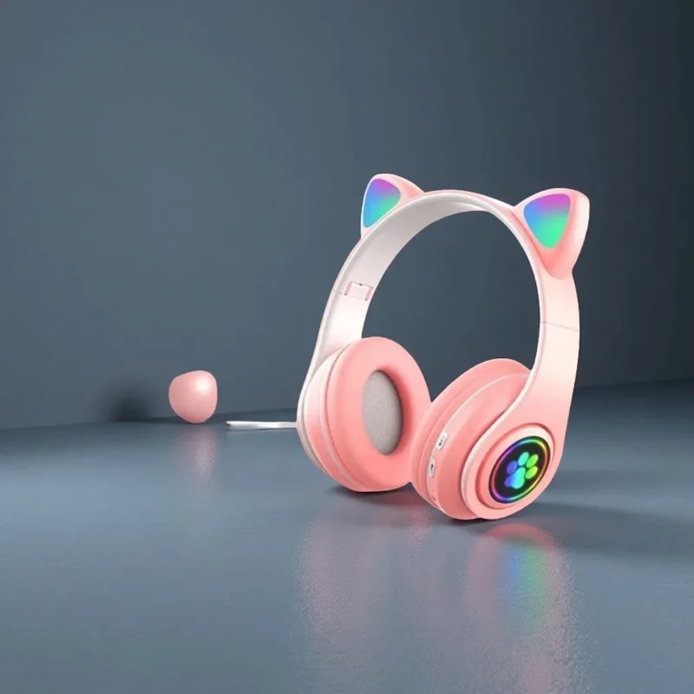 Cute Cat Wireless Headphones RGB LED Light Up Kids Bluetooth Headset