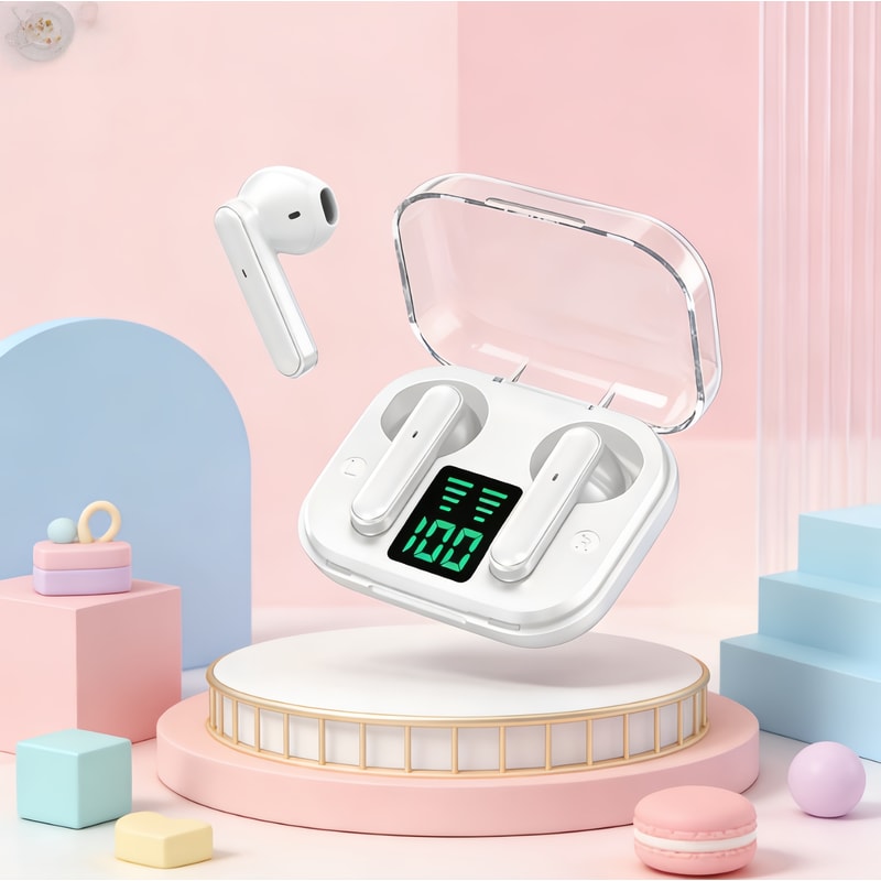 Transparent Wireless Bluetooth Earbuds with ENC Mic and LED Power Display