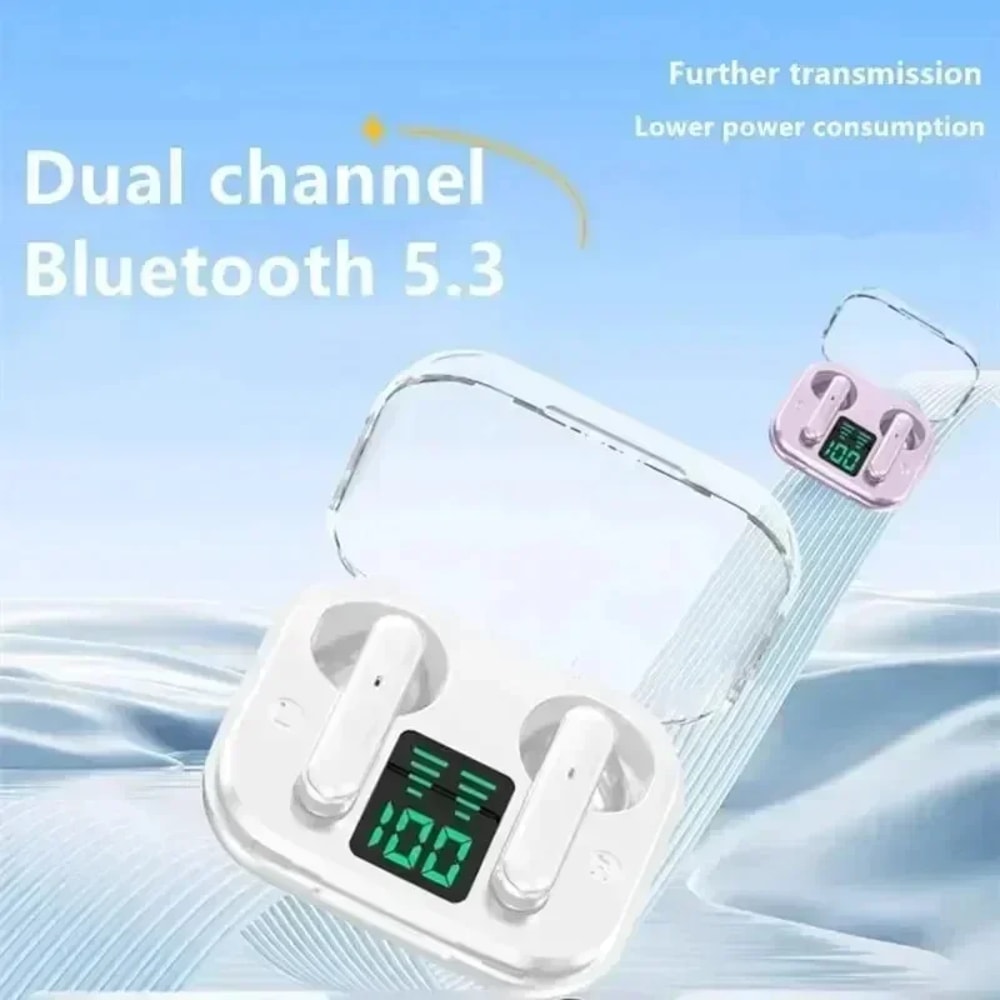 Transparent Wireless Bluetooth Earbuds with ENC Mic and LED Power Display