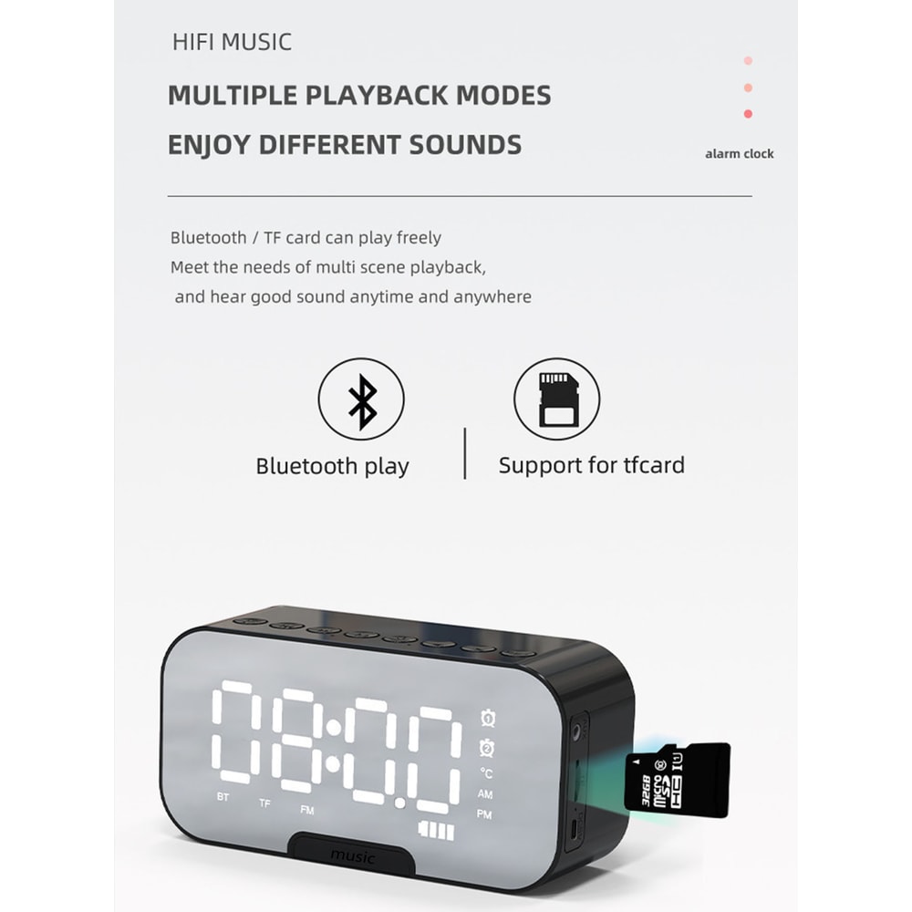 Premium Bluetooth Speaker Alarm Clock With Mirror Display And Real Time Temperature 3
