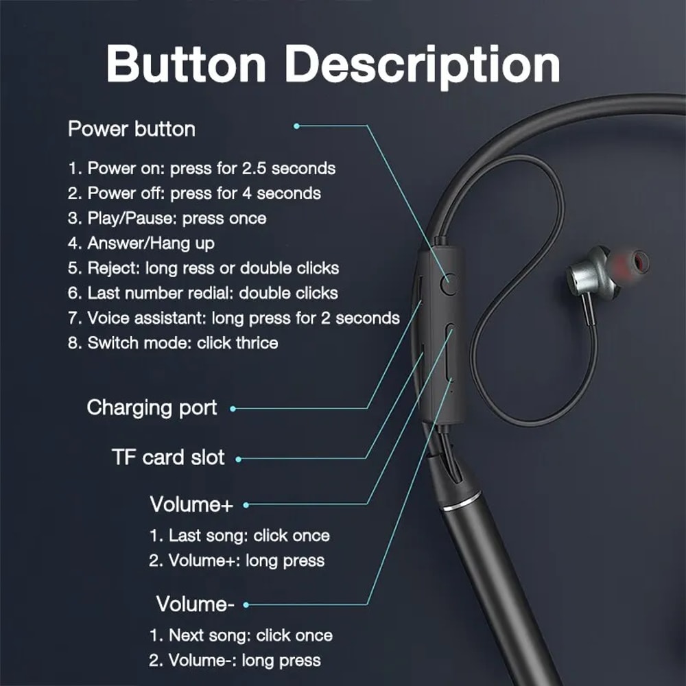 Ultra Endurance Bass Bluetooth Neckband Wireless Headphones with Mic and TF Card Support