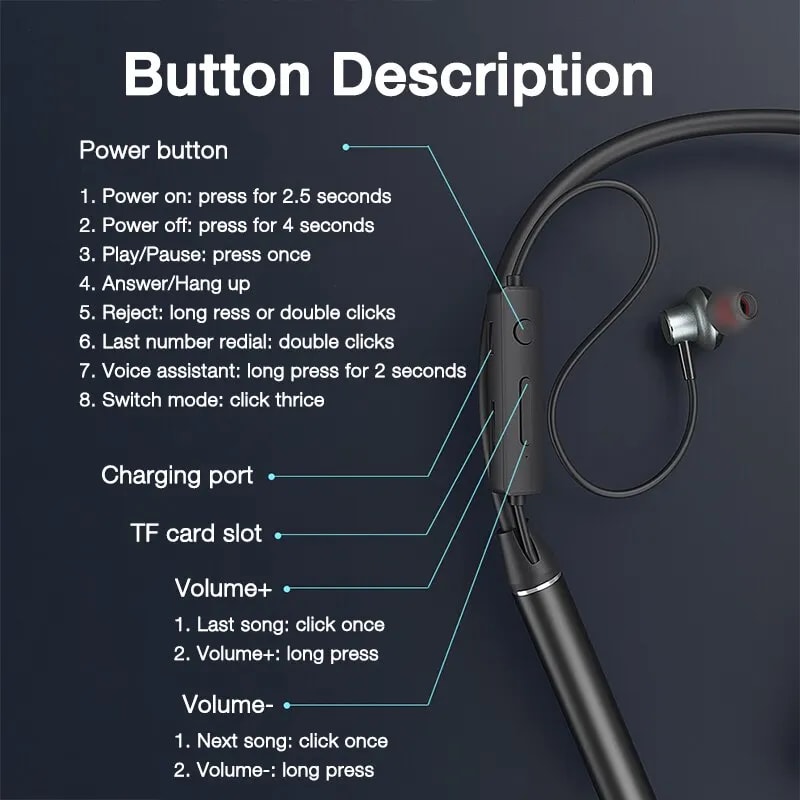 Ultra Endurance Bass Bluetooth Neckband Wireless Headphones with Mic and TF Card Support