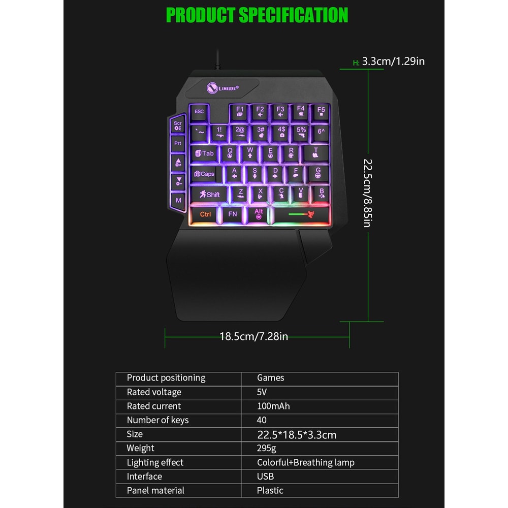 One Handed Mechanical Gaming Keyboard With RGB Light and Wrist Support