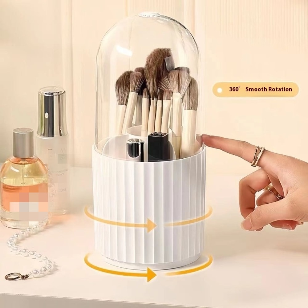 Rotatable Makeup Brush Organizer with Lid Space Saving Cosmetics Storage Box