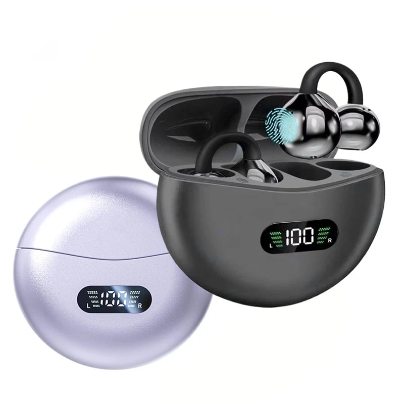 Wireless Clip On Bluetooth Earbuds with Digital Display Ultra Comfort Sport Headphones
