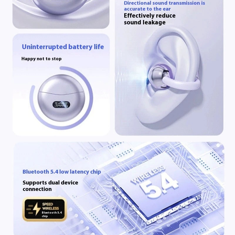 Wireless Clip On Bluetooth Earbuds with Digital Display Ultra Comfort Sport Headphones