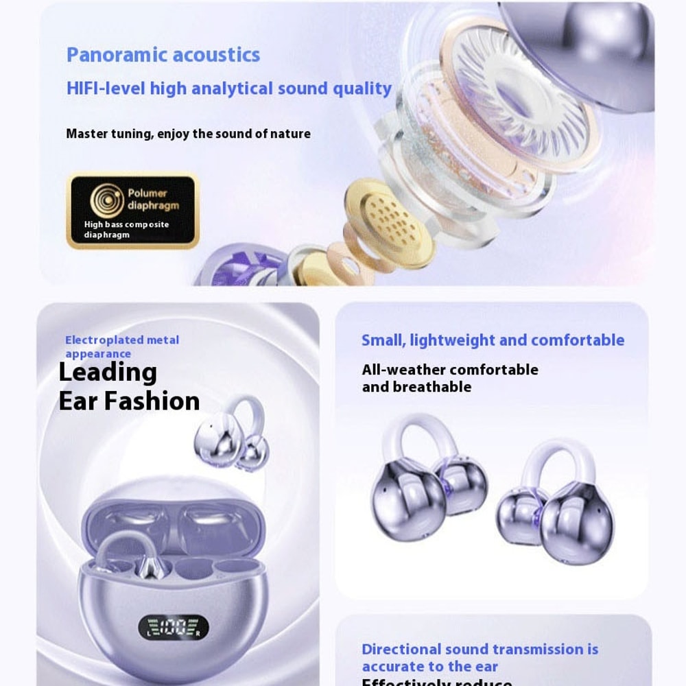 Wireless Earphones Bluetooth Earbuds Clip on Ear Comfortable Headphones