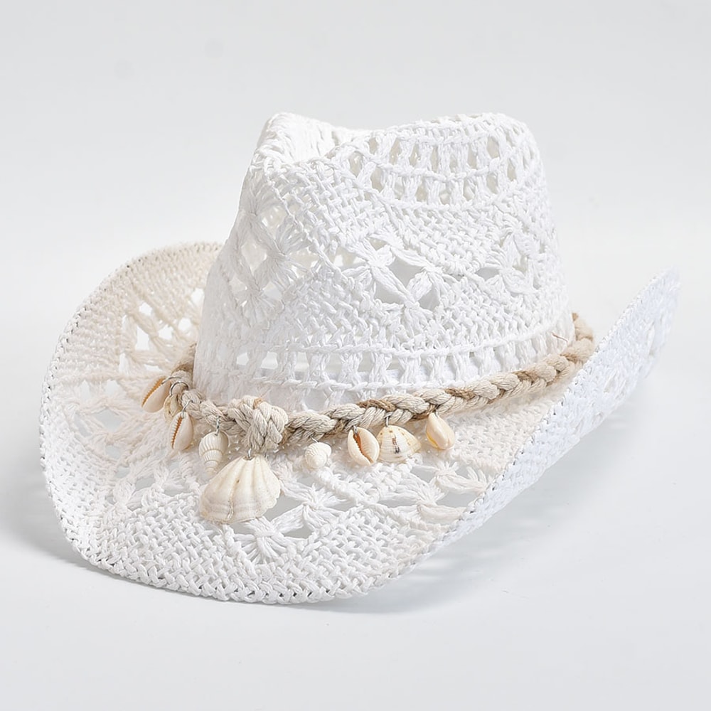 Hand Woven Summer Straw Sun Hat For Women With Shell Decor Beach Holiday Essential 0