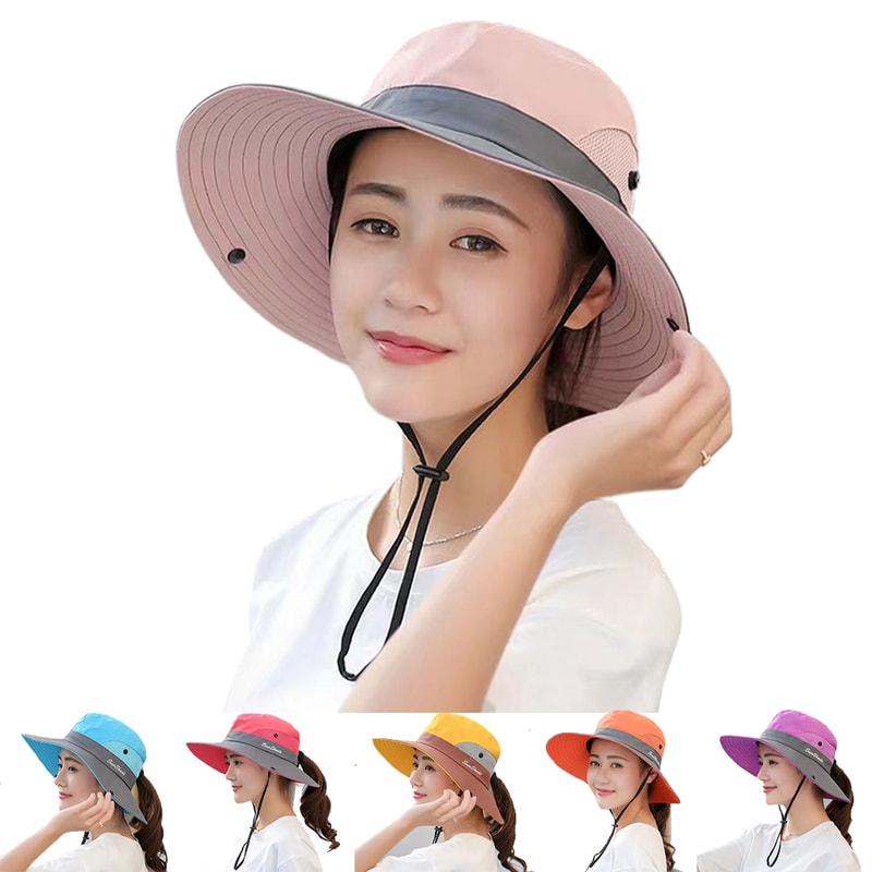 Womens Wide Brim Bucket Hat With Ponytail Hole Quick Dry Outdoor Sun Protection Hat 0