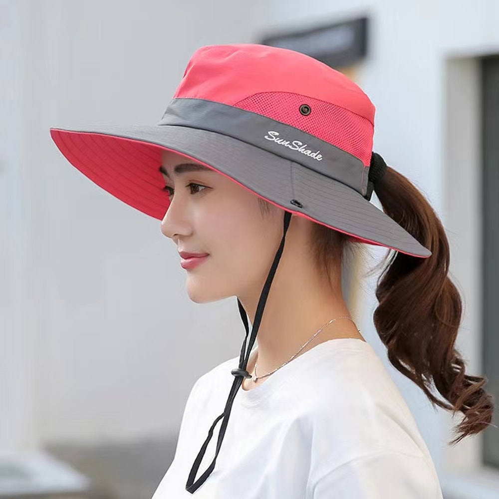 Womens Wide Brim Bucket Hat With Ponytail Hole Quick Dry Outdoor Sun Protection Hat 3