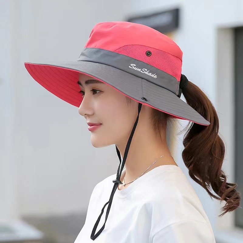 Womens Wide Brim Bucket Hat With Ponytail Hole Quick Dry Outdoor Sun Protection Hat 3