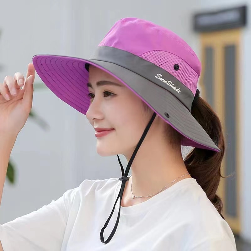 Womens Wide Brim Bucket Hat With Ponytail Hole Quick Dry Outdoor Sun Protection Hat 5