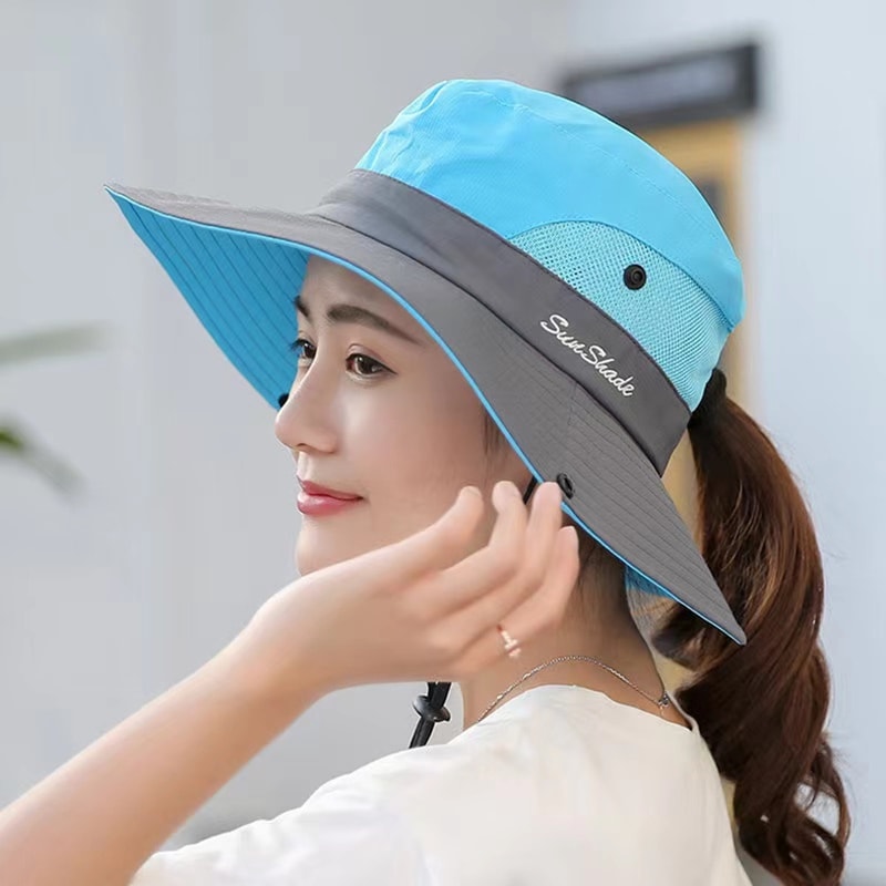 Womens Wide Brim Bucket Hat With Ponytail Hole Quick Dry Outdoor Sun Protection Hat 6