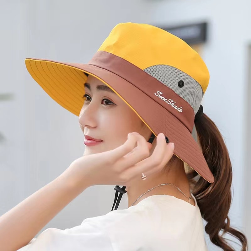 Womens Wide Brim Bucket Hat With Ponytail Hole Quick Dry Outdoor Sun Protection Hat 7