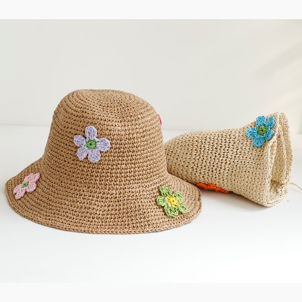 Elegant Floral Embroidered Straw Sun Hat Womens Beach Floppy Summer Bucket Hat 3