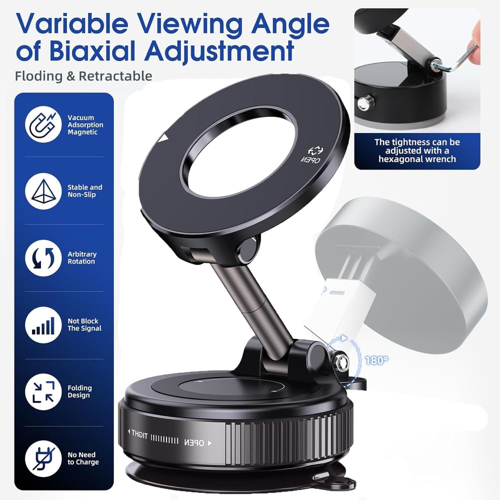 Universal Magnetic Car Phone Mount & Vacuum Suction Phone Holder with Adjustment