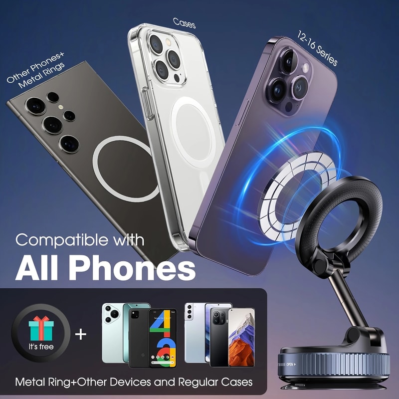 Universal Magnetic Car Phone Mount & Vacuum Suction Phone Holder with Adjustment