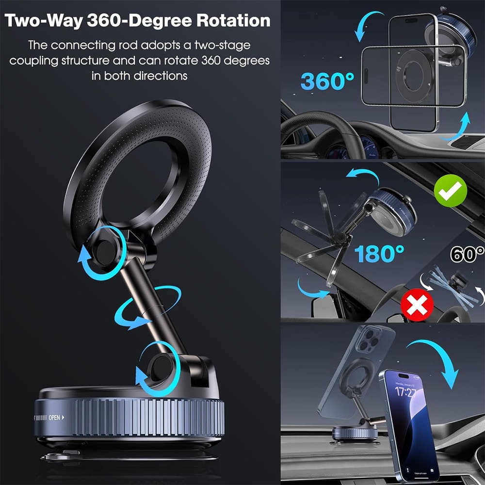 Universal Magnetic Car Phone Mount & Vacuum Suction Phone Holder with Adjustment