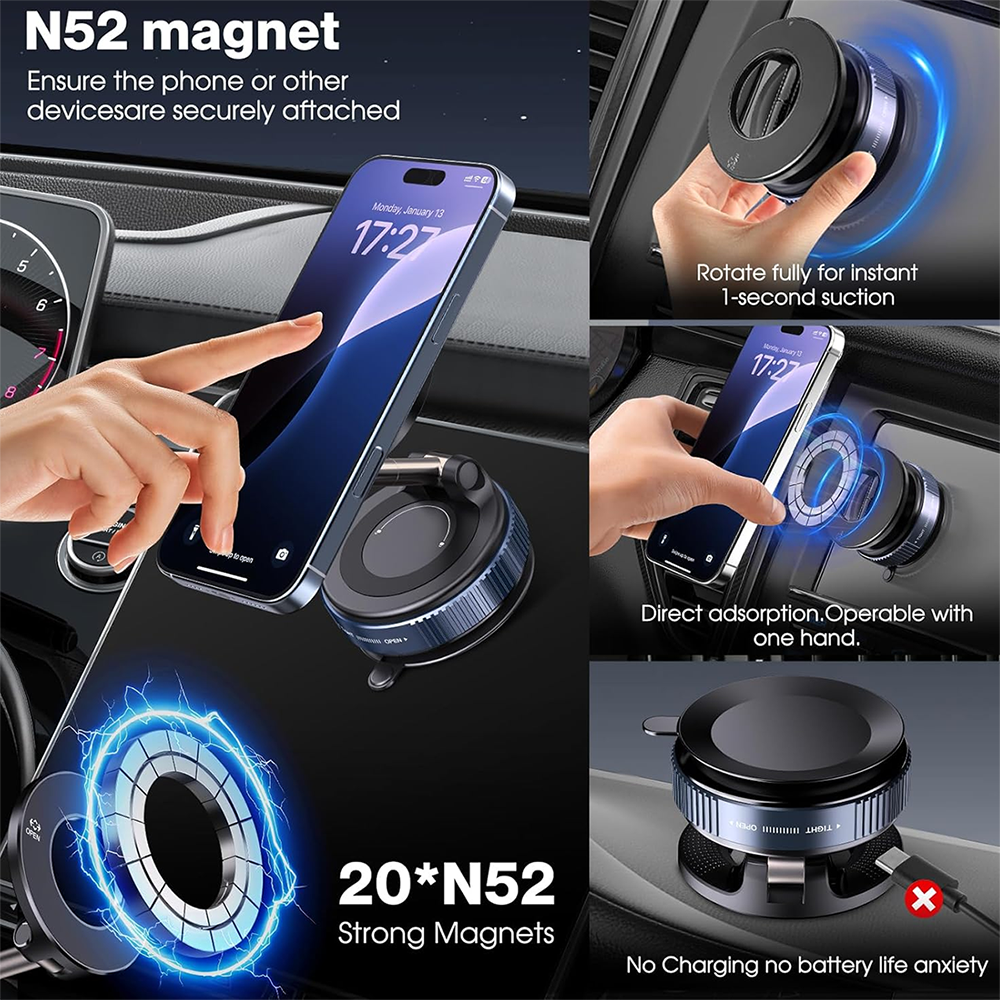 Universal Magnetic Car Phone Mount & Vacuum Suction Phone Holder with Adjustment