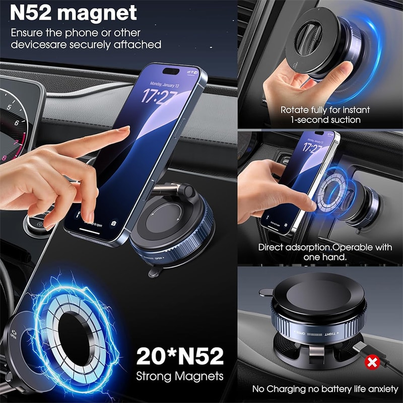 Universal Magnetic Car Phone Mount & Vacuum Suction Phone Holder with Adjustment