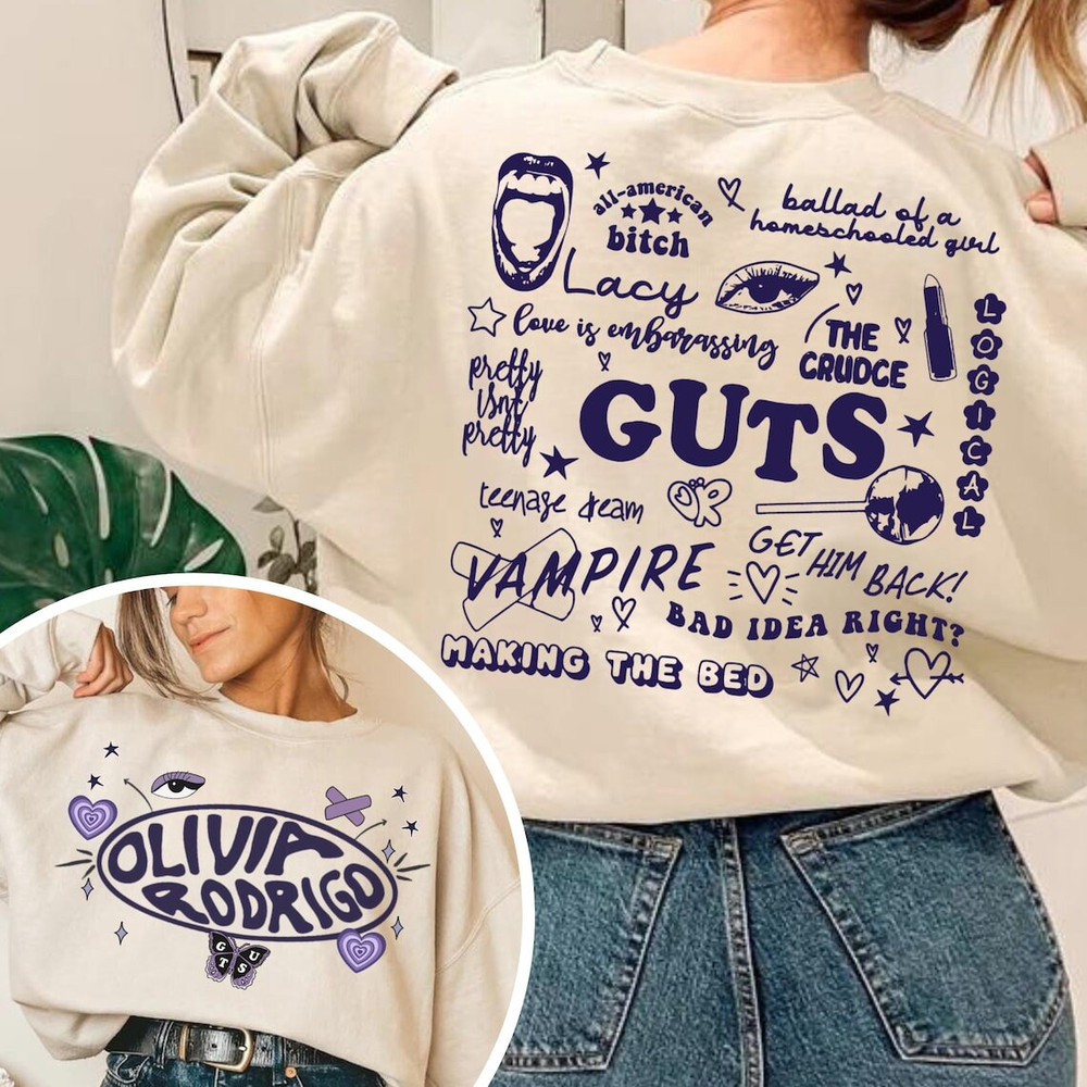 Guts Titles Olivia Rodrigo 2 Sided Shirt, Olivia Rodrigo Guts Merch, Olivia Rodrigo Sweater, Vintage Shirt, Sour Tour Shirt, Music Fan Shirt.jpg