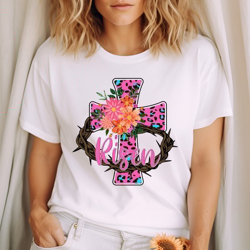 He Is Risen T-shirt, Jesus Easter Sweatshirt, Christian Easter Day Tee, Easter Pink Leopard Cross Sweater, Christian Mom Easter Shirt.jpg