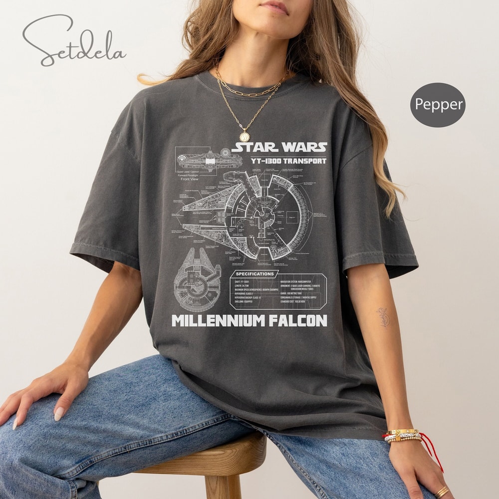 Star Wars Millennium Falcon Grey Schematics Shirt, Retro Movie Star Wars Shirt, Disneyland Family Vacation Gift, Magic Kingdom Shirt.jpg