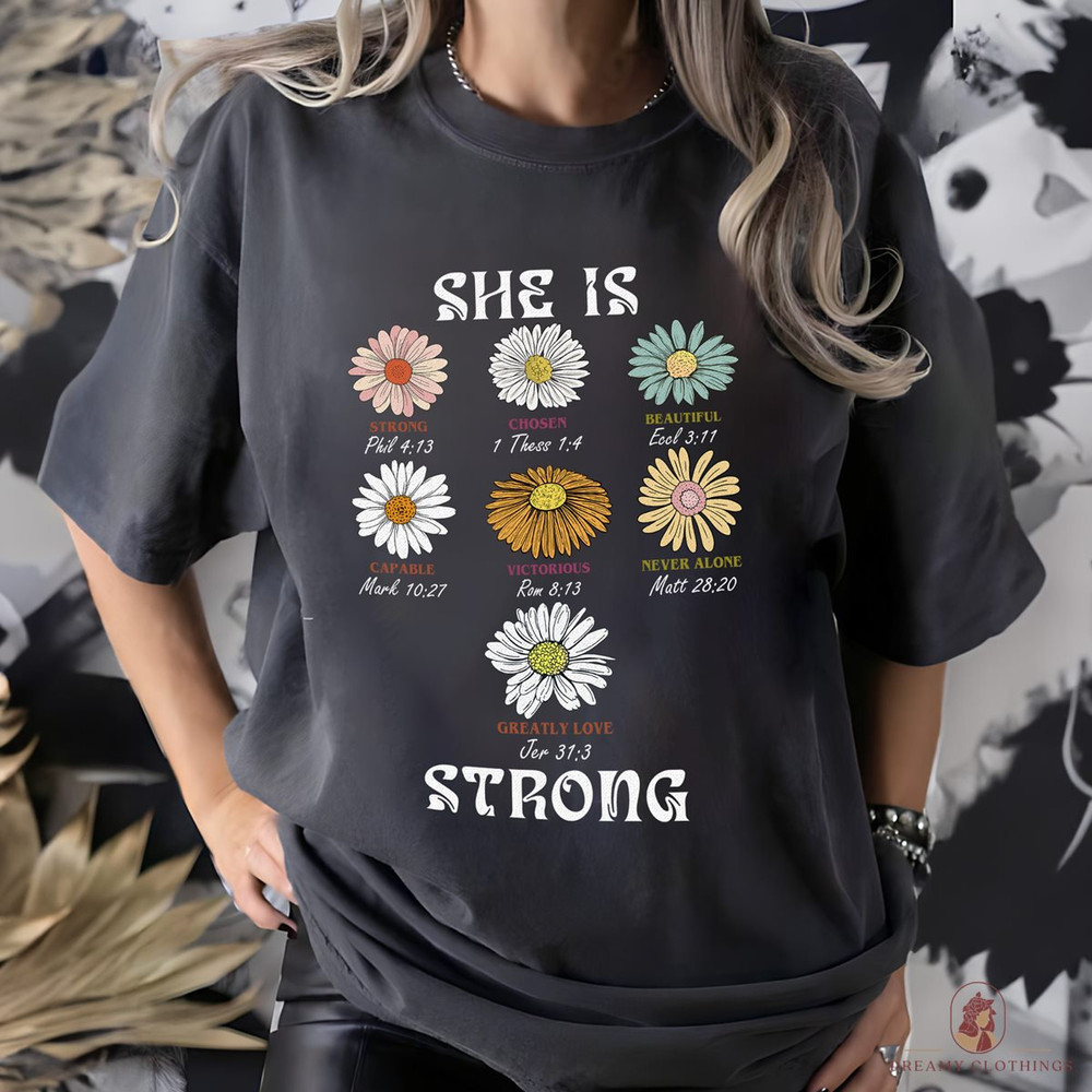 She is Mom Christian Shirts Faith Shirt Bible Verse Shirt Retro Mother Daisy Shirt, Blessed Mom Jesus Apparel Faith Based Shirt Gift for Her.jpg
