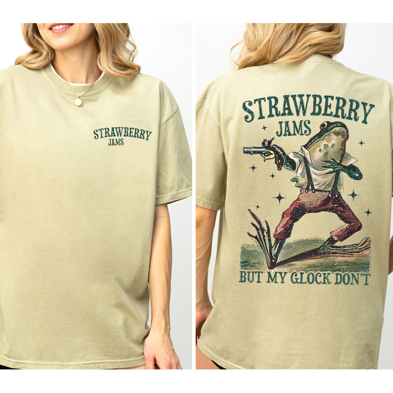 Strawberry Jams But My Glock Don't Vintage Graphic T-Shirt, Retro Frog Shirt, Oversized Shirt, Glock Gift, Oversized T-Shirt, Boho Frog Tee.jpg