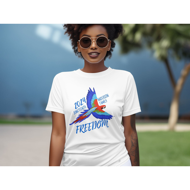 Juneteenth 2024 Freedom Parrot Graphic T-Shirt, Vibrant Blue Red Tee, Family Reunion Shirt.jpg