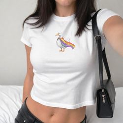 rainbow goose pride shirt, y2k shirt, clowncore shirt, lgbt queer shirt, bisexual pride crop top, pansexual shirt