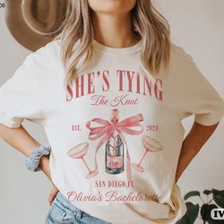 coquette bow bachelorette party shirts, bachelorette party shirts, shes tying the knot shirt, custom bride shirt,