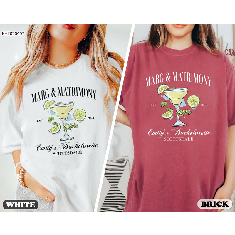 Margs and Matrimony Bachelorette Shirts, Bachelorette Party Shirt, Personalized Luxury Bach Shirt, Bridal Party Gifts, Cocktail Club Shirt.jpg
