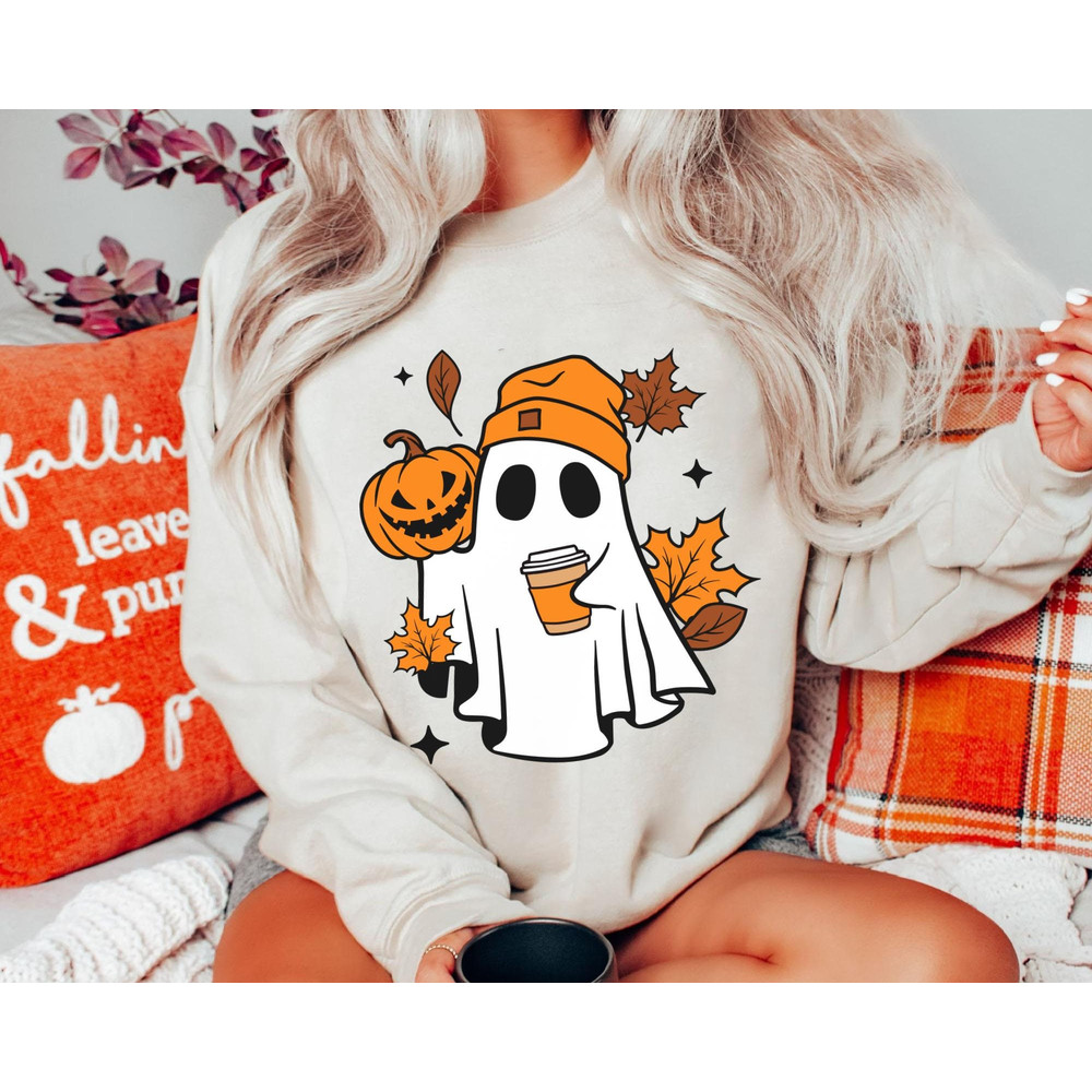 Cute Boo Ghost with Coffee And Pumpkin Comfort Colors T-shirt, Halloween Party 2024, Fall Leaves Shirt, Spooky Season Gift, Trick Or Treat.jpg