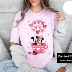 mickey and minnie with pink balloon tea cup valentine shirt, disney couple match