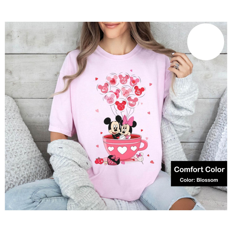 Mickey and Minnie With Pink Balloon Tea Cup Valentine Shirt, Disney Couple Matching T-shirt, Valentine's Day Gift, Disneyland Couple Tee.jpg