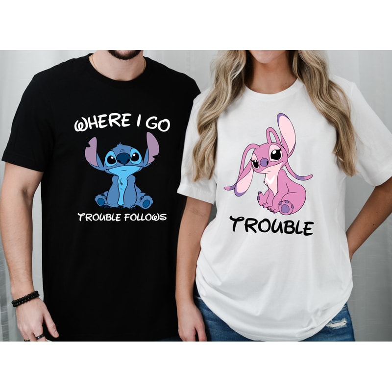 Stitch And Angel Matching Hoodies, Funny Couple Sweatshirt, Where I Go Trouble Follows Shirt, Trouble Tee, Disney Couple Matching Shirts.jpg