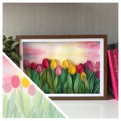 Digital template to make Quilled Paper Art | Pattern | Field with tulips | Quilling flowers