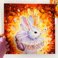Alice In Wonderland White Rabbit Oil Painting Original Artwork Handmade