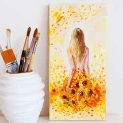 Girl And Sunflowers Flowers Oil Painting On Canvas Textured Original Art Handmade