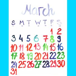 March 2024 watercolor lettering cozy doodle calendar | March 2024 cute colorful painted calendar (sketch style)