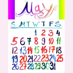 May 2024 watercolor lettering bright calendar | May 2024 colorful painted calendar (sketch style)