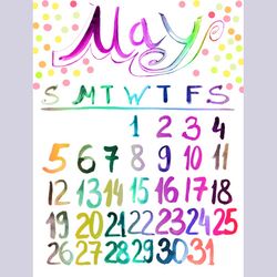 May 2024 watercolor lettering drawing calendar | May 2024 colorful painted handlettering calendar (sketch style)