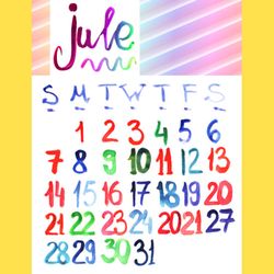 Jule 2024 watercolor lettering drawing calendar | colorful painted handlettering calendar (sketch style)