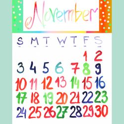 November 2024 watercolor lettering cozy calendar | November 2024 cute colorful painted calendar (sketch style)