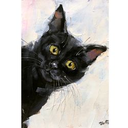 Black Cat Oil Painting Original Kitten Animal Art Pet Portrait Signed Impressionism MADE TO ORDER