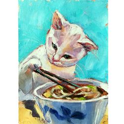 White Cat Noodle Original Oil Painting Funny Animal Art Pet Portrait Impressionism