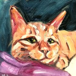 Tabby Ginger Cat Original Oil Painting Animal Pet Portrait Impressionism
